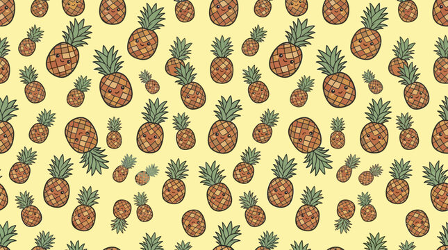 Hand drawn tropical pineapple pattern on yellow background