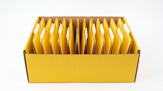 Organized yellow file folders standing neatly inside a large cardboard box displayed on white background