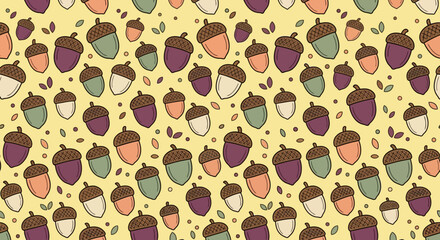 Vibrant hand drawn acorn seamless pattern background. © gudangPIXEL