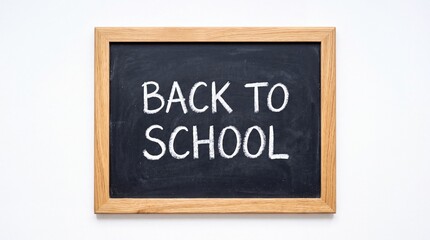 Fototapeta premium Back to school message written in white chalk on a wooden framed blackboard on white background