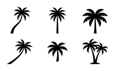 Naklejka premium 70 Set of Diverse Palm Tree Silhouettes, Tropical Vector Icons for Summer and Vacation Designs, Black and White Botanical Elements 100