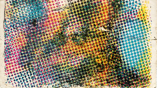 Distressed screen print texture with misaligned retro halftone color layers