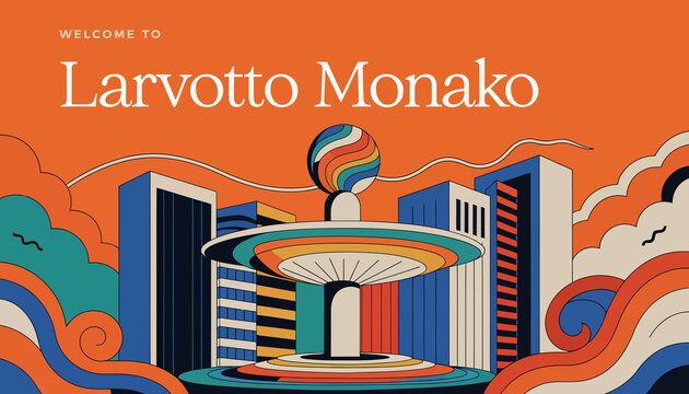Welcome to Larvotto Monako: Vibrant Art Deco Cityscape Illustration with Retro Style