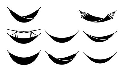 70 Collection of nine black hammock icons, diverse styles, vector graphics for outdoor leisure and relaxation themes 100 © Sakil