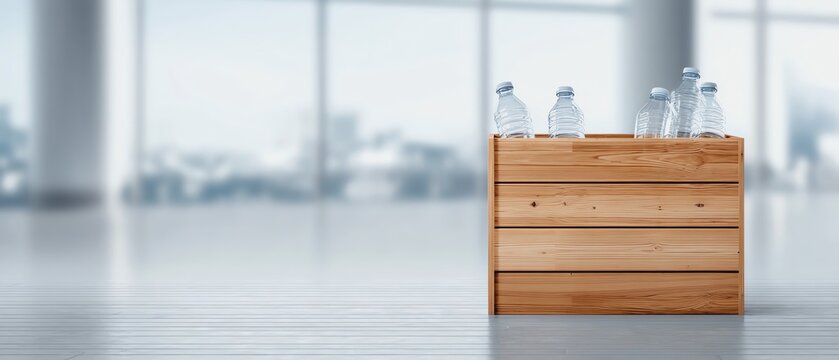 Modern workspace with wooden table and bottles.