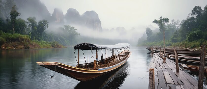 Serene boat on misty river landscape.