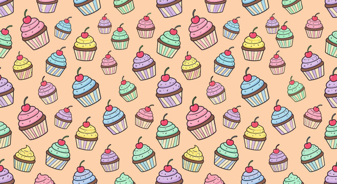 Colorful cupcake dessert seamless repeat pattern design.