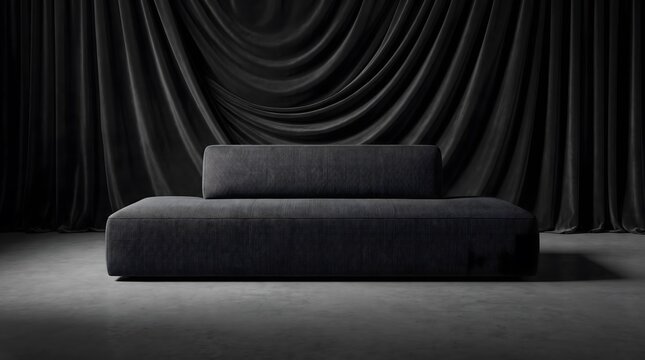 Minimalist black modern sofa placed in front of dark draped fabric curtains in a luxury studio setting
