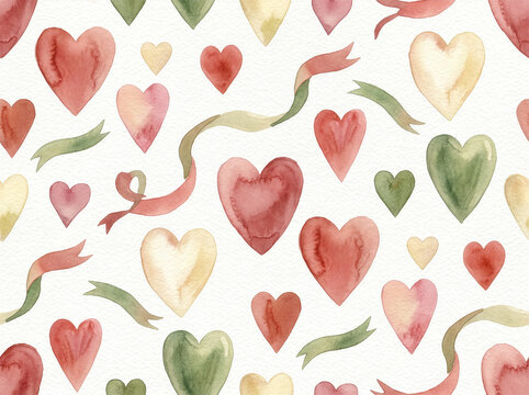Valentine 136 Watercolor Colorful Hearts and Wavy Ribbons Seamless Pattern on White Paper Texture（白のアート紙テクスチャ背景に描かれた水彩のカラフルなハートと波打つリボンのシームレスパターン）