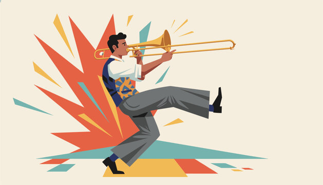 Energetic jazz musician playing the trombone passionately against a vibrant orange and yellow explosion background.