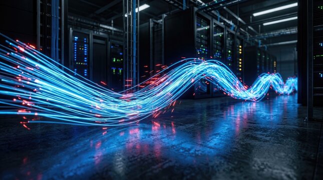High Speed Fiber Optic Data Transfer Through Modern Server Room Data Center
