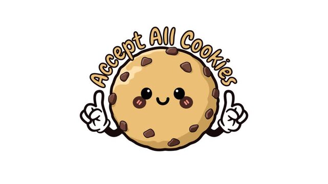 Animation of character accept all cookies with hands pointing on alpha background