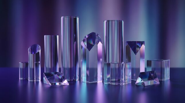 Abstract background featuring vertical glass cylinders illuminated with soft purple and blue light in a dark studio setting