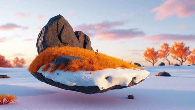 Floating island covered with snow, orange vegetation, rocks. Background shows autumn trees, soft sky colors. Minimalist style.