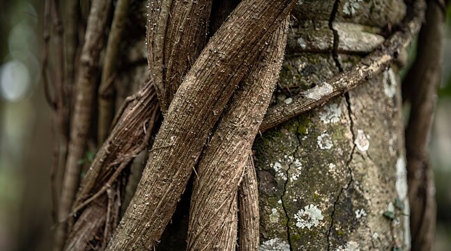 Close-up of strangler fig roots wrapped around a textured tree trunk.