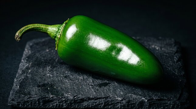Single fresh green jalapeno pepper on dark stone.