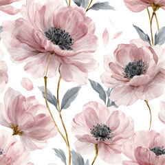 Fototapeta premium Soft pink flower pattern with delicate petals and gray leaves creating elegant and calming floral design
