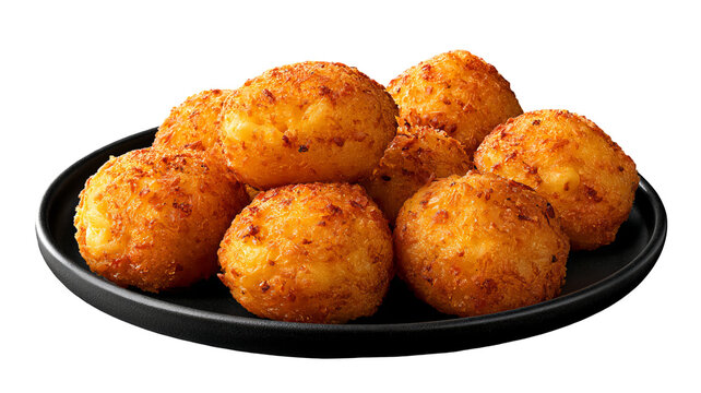 Highly realistic mac and cheese bites with crisp golden coating and creamy texture, centered snack food PNG isolated on transparent background