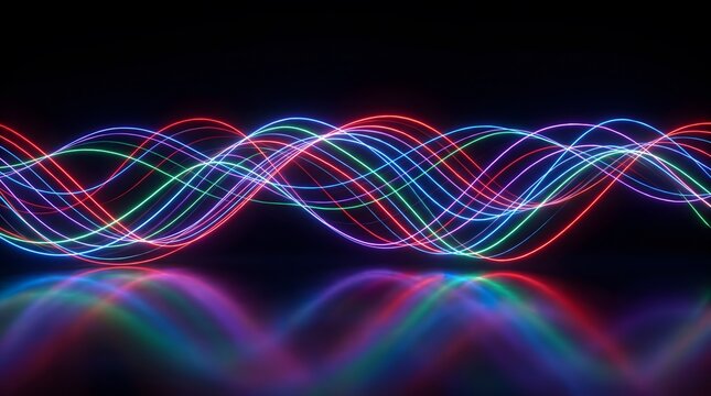Abstract background featuring colorful glowing light trails forming a wavy sinusoidal pattern against a deep black backdrop