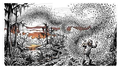 Obraz premium Vintage swamp landscape vector illustration featuring giant mosquito swarm attacking a man in bayou wetlands comic book ink style poster.