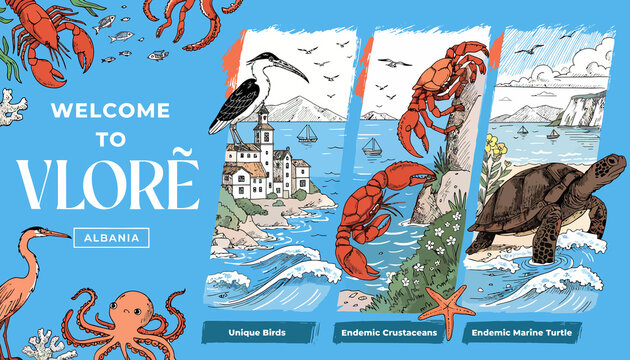Welcome to Vlore, Albania: Coastal Life, Seafood, and Marine Animals Illustration
