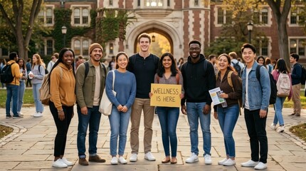Naklejka premium Diverse Group of Students Holding Wellness Sign on College Campus