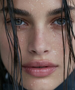 Extreme close-up of a woman with wet skin and dark strands framing her blue gray eyes with water droplets across her face Macro view of freshness and skincare