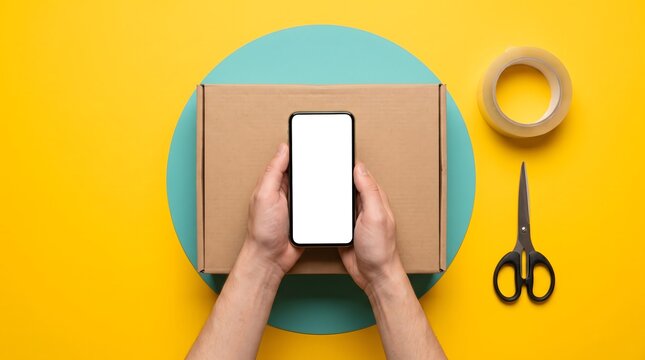 Top view of hands holding a smartphone with a blank screen over a cardboard box for shipping