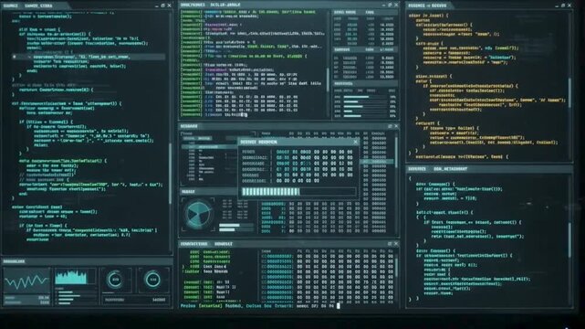Futuristic Cybersecurity Programming Interface with Code and Data Analytics Dashboard
