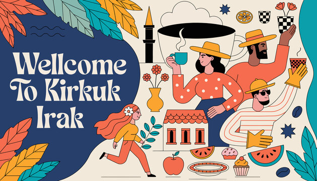 Welcome to Kirkuk, Iraq: Vibrant Illustrated Banner with People, Culture, and Local Symbols