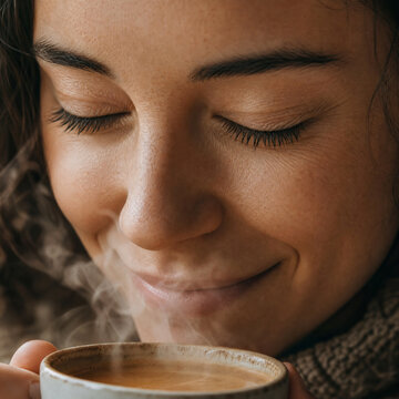 Young woman blissfully smelling the steam from a hot cup of coffee with her eyes closed