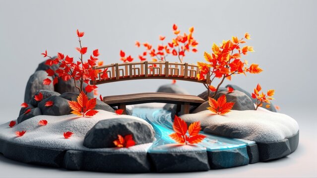 Stylized island scene. Wooden bridge spans small stream. Red foliage accents rocky terrain, snow covers ground. Peaceful, serene composition.
