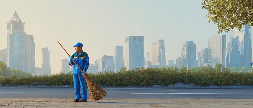 City worker sweeping street in urban landscape.