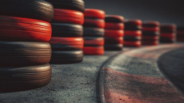 Close-up of stacked racing tires on a track.