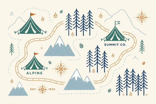 Outdoor adventure map featuring alpine mountains, camping tents, pine tree forests, campfires, compasses, and winding hiking trails