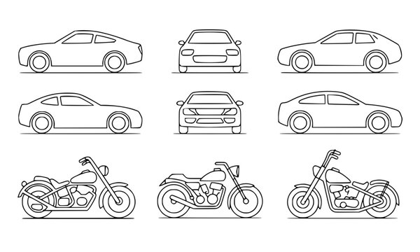 City transport vehicles and personal garage automotive icon set featuring outline line art illustration of sedan cars from front and side view, and vintage chopper motorcycles vector illustration.