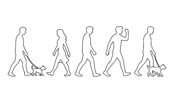 People walking dogs and outdoor pedestrians icon set featuring outline line art illustration of men and women strolling in public park, pet owners holding leash with puppy vector illustration.