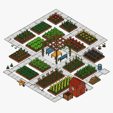 Isometric view of a vibrant community garden with raised beds, a central pergola, and various vegetables and flowers.