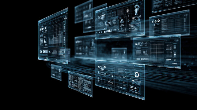 Abstract background of floating transparent digital screens with data visualization.