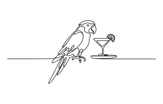 Continuous single line drawing of a parrot sitting next to a cocktail glass with lime garnish