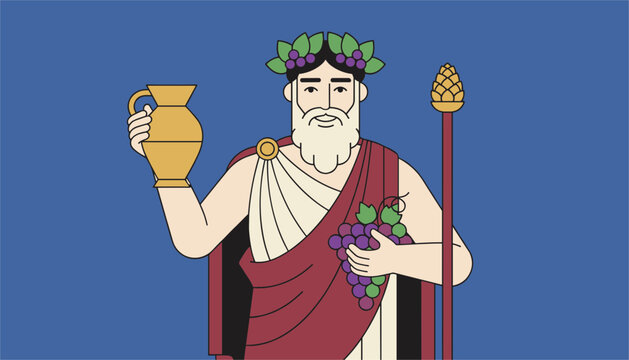 Mythological Greek god Dionysus holding a golden jug and a bunch of purple grapes while wearing a classic toga and crown.