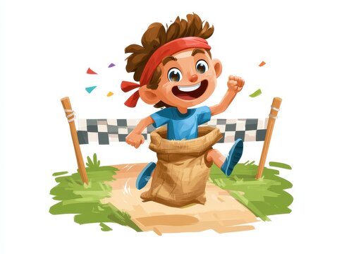 A happy young boy with messy brown hair and a red headband participating in a fun sack race, jumping towards the finish line with a joyful expression and confetti in the air