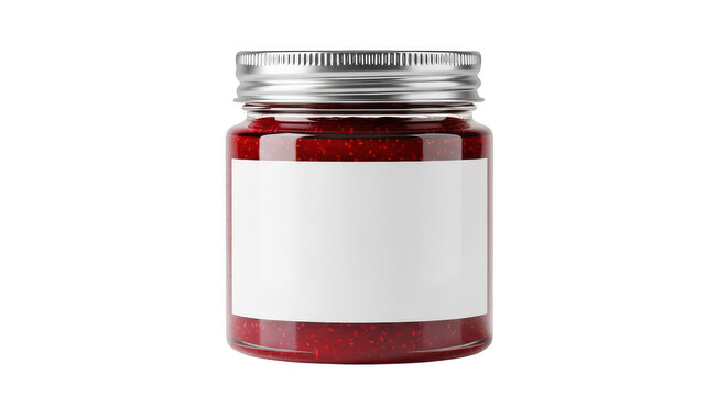 Glass jar filled with red berry jam and blank label isolated on transparent background