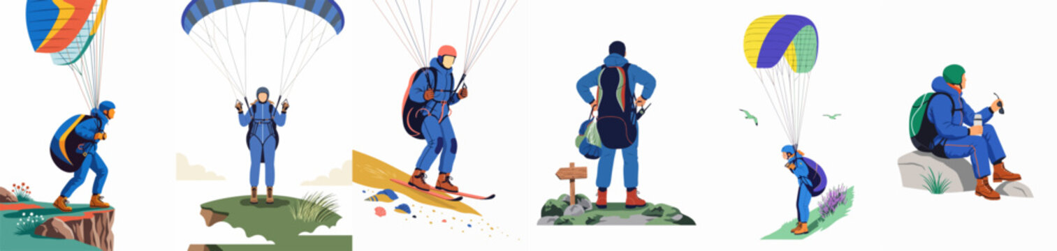 Set of flat illustrations depicting the journey of a paraglider, from jumping off a cliff to resting after a mountain adventure.
