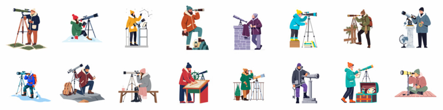 Diverse people using telescopes and binoculars for stargazing and observation in various indoor and outdoor settings, illustrated collection of amateur astronomers.