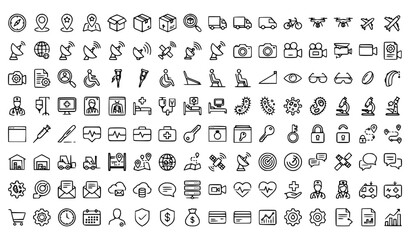 Fototapeta premium Delivery Navigation Medical and Digital Service Thin Line Vector Icon Collection
