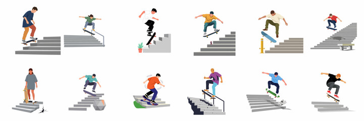 Fototapeta premium Collection of flat vector illustrations featuring diverse people performing various skateboarding tricks and jumps on urban stairs.
