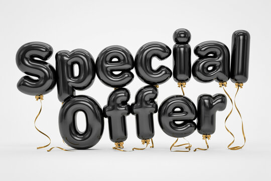 Glossy dark black inflatable balloon letters forming the phrase Special Offer complete with individual golden bows and elegant curled ribbons signifying a significant discount promotion
