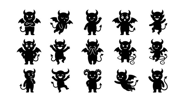 Set of black silhouette featuring cute cartoon devils with horns, wings, and tails in various poses and facial expressions on white