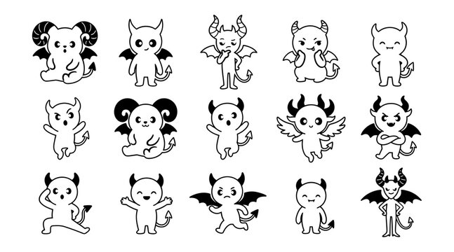 Set of fifteen cute devil character black and white line featuring various poses and expressions for halloween